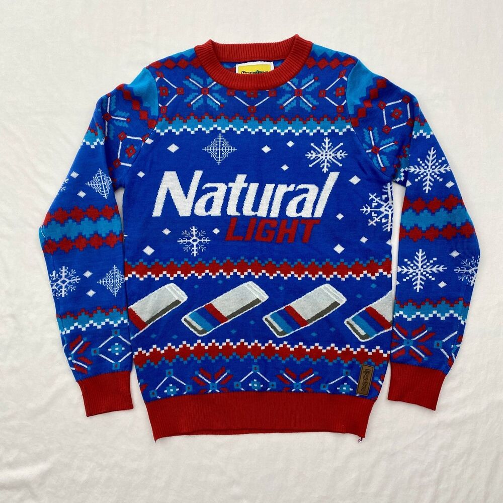 Tipsy Elves Ugly Christmas Sweater Mens Small Blue Red Natural Light Beer Party